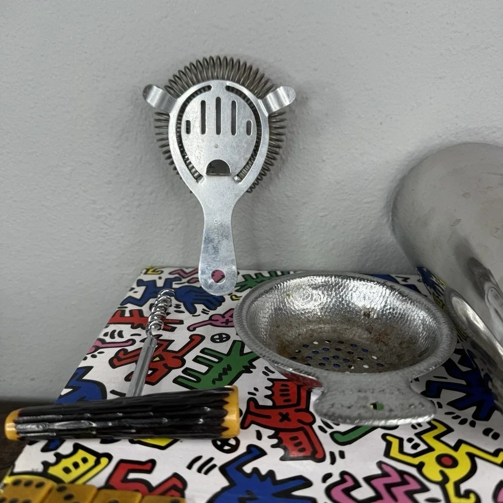 Vintage Bar Tools Set Mid Century Pourer Strainer Stirrer Shaker Bartender